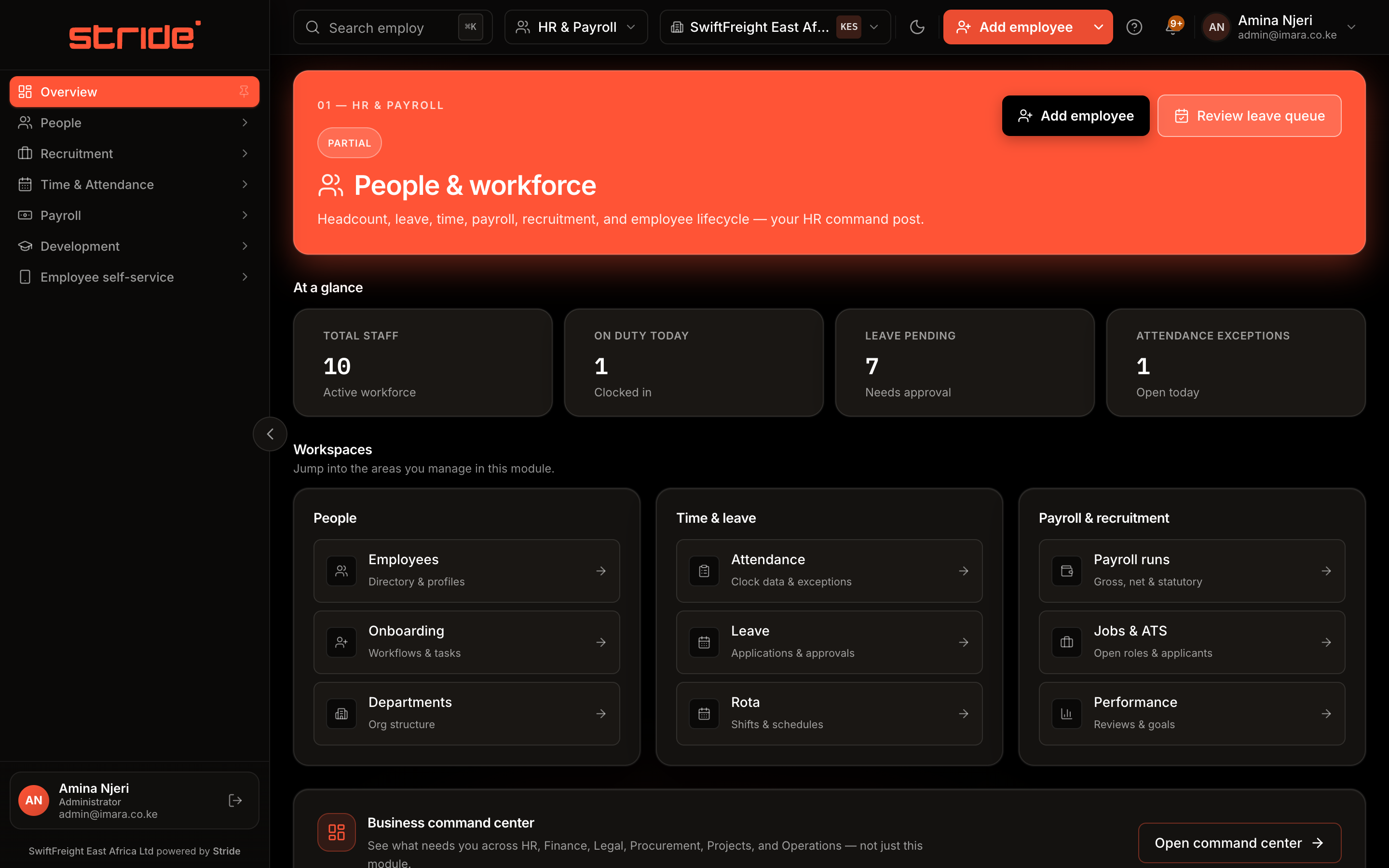 Stride People & workforce module — HR, employees, leave, and payroll home